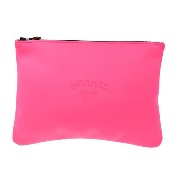 HERMES Logo Neobain GM Flat Pouch Polyamide Elastane Leather Pink - Picture 1 of 13